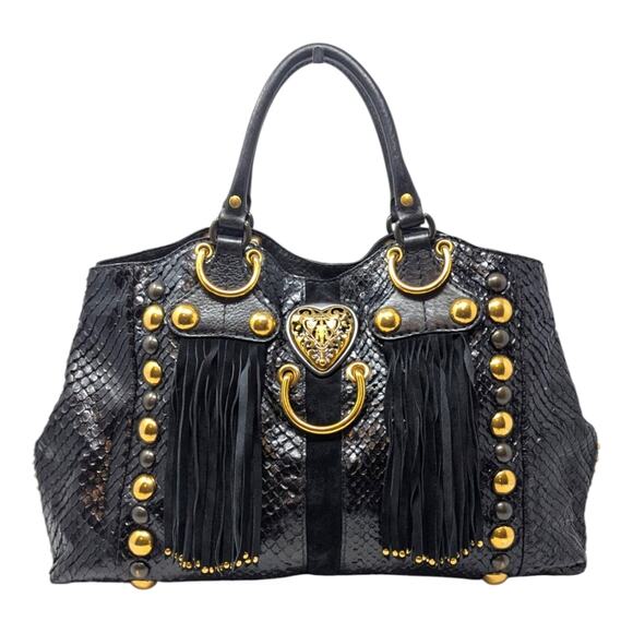 Gucci Babouska Hysteria Fall 2008 Tote Snakeskin Fringe Large Black Gold Y2K - Picture 4 of 16